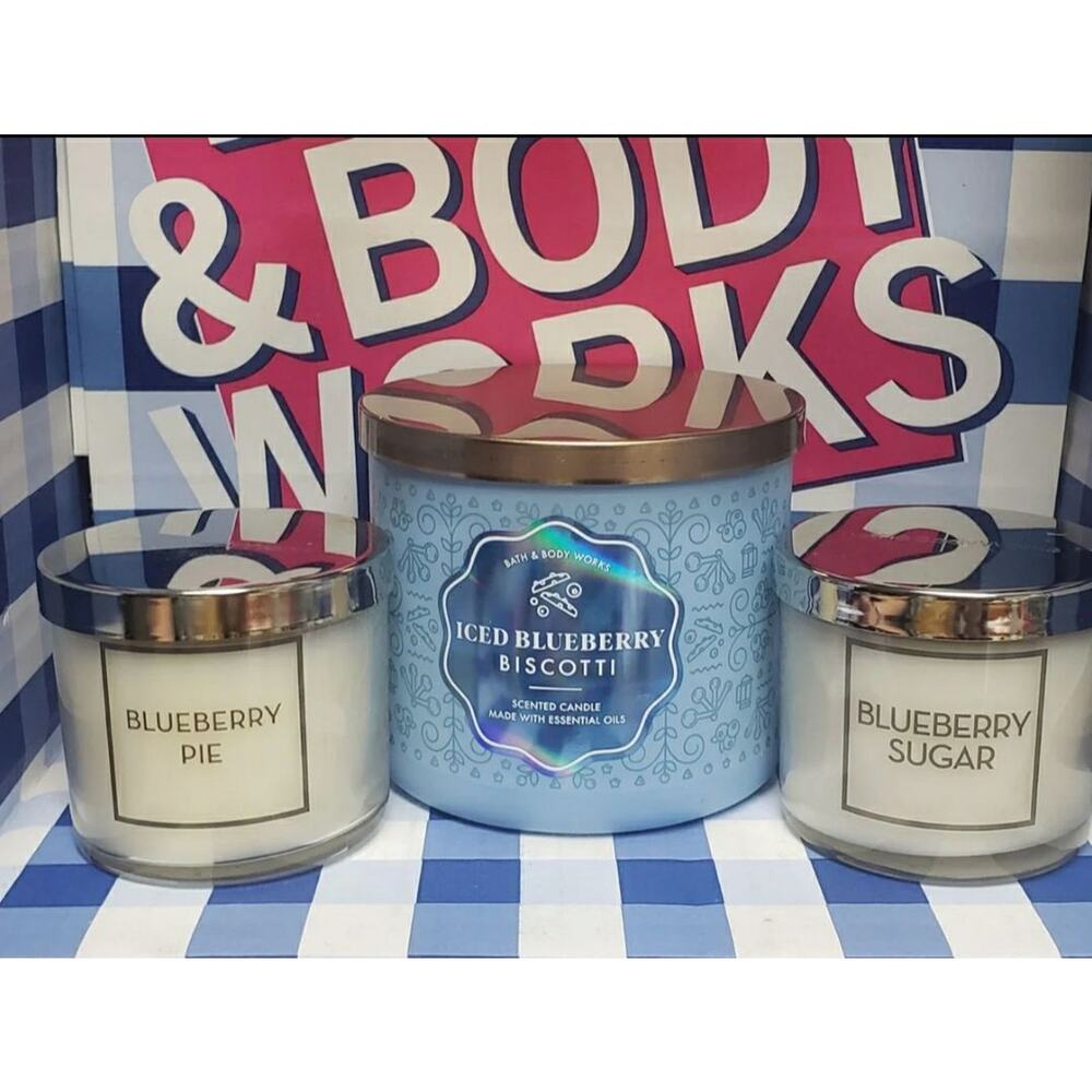 BBW Iced Blueberry Biscotti Large 3 Wick & Blueberry Sugar & Pie Single Wicks